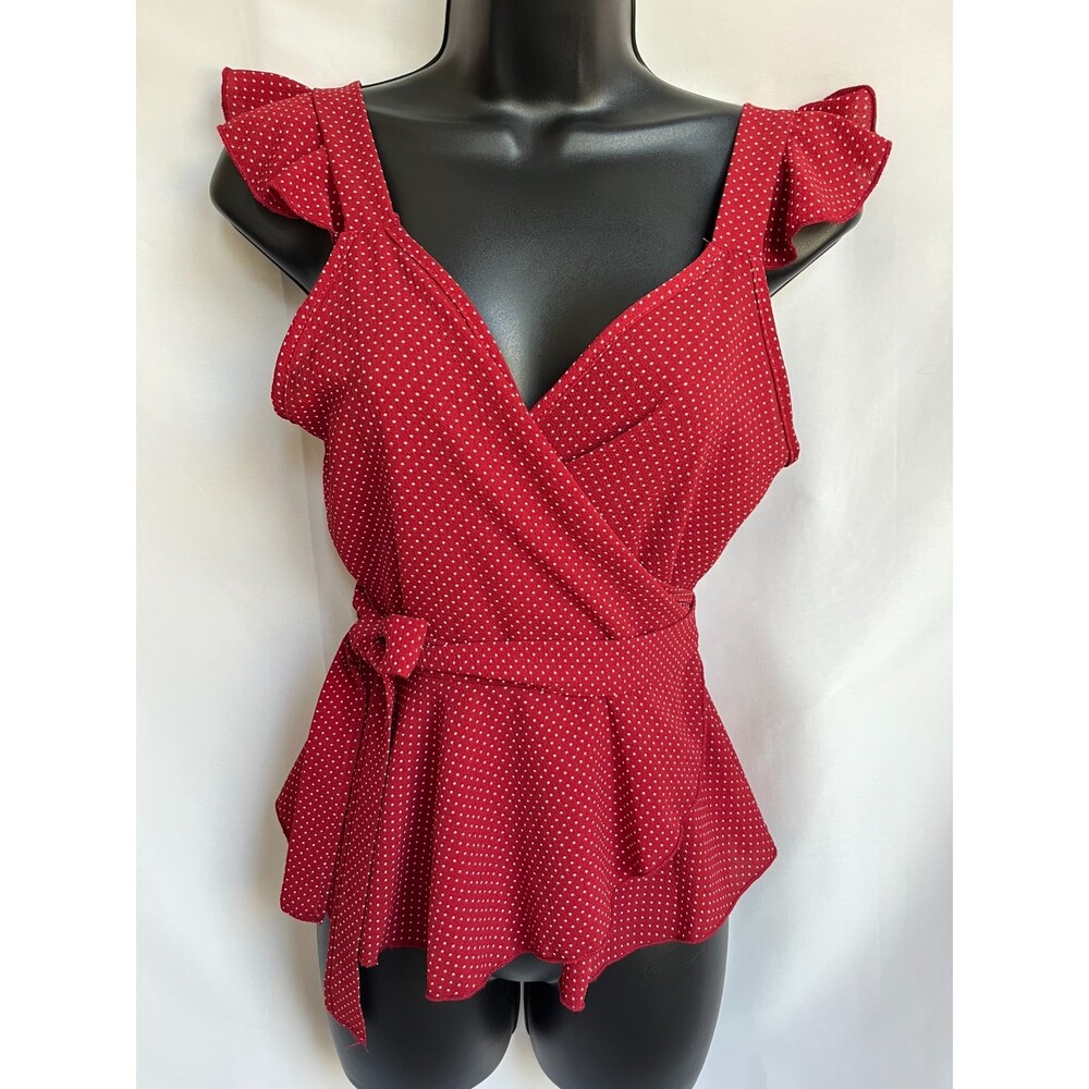 NEW New Made USA Red Wrap Blouse Size S Polka Dot Pinup Retro Flutter Sleeve